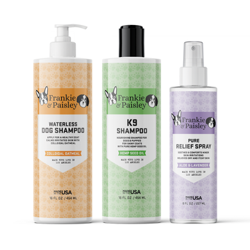 Essential Dog Grooming Bundle - K9 Shampoo + Waterless Shampoo + Pure Relief Hot Spot Spray - Frankie & Paisley Pet Products