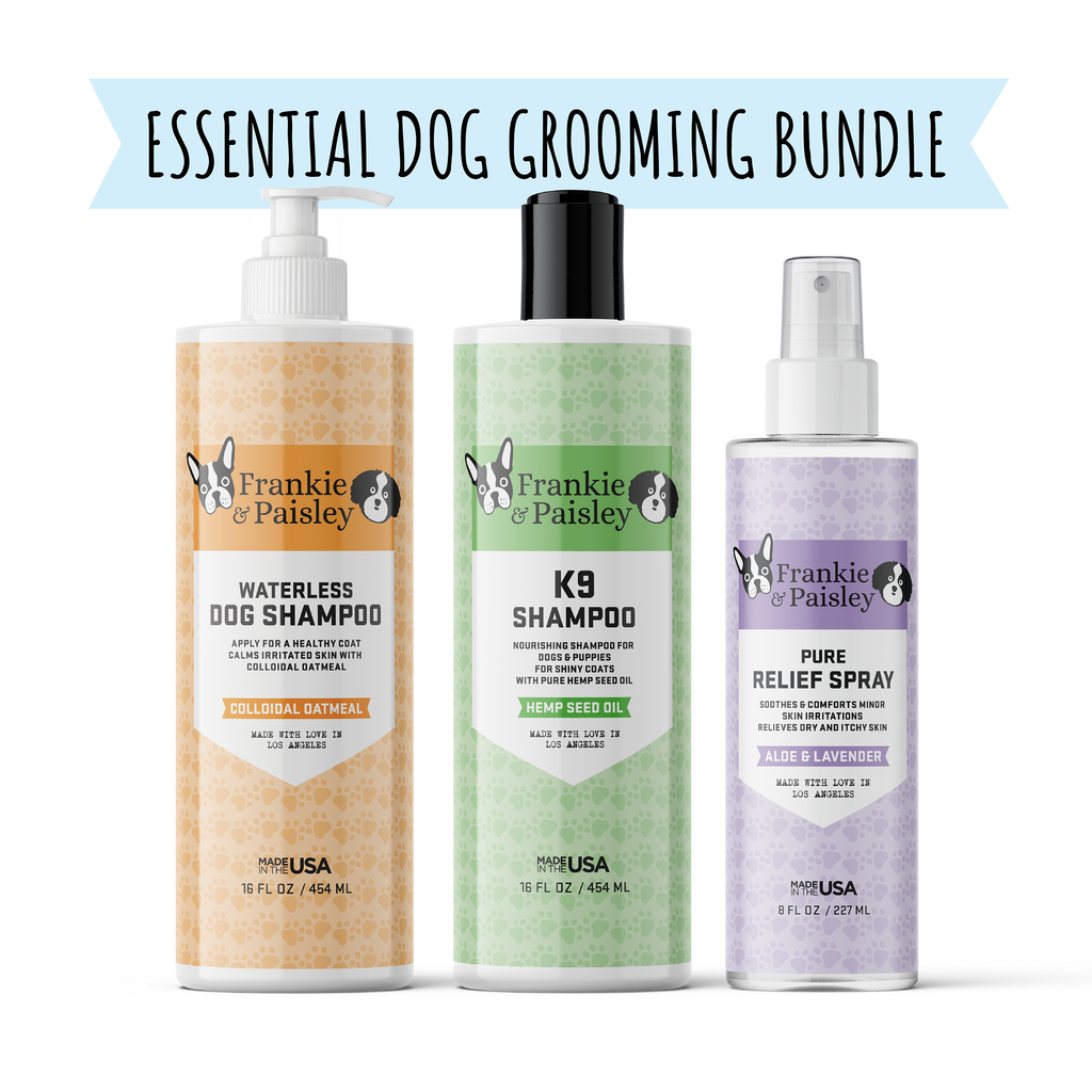 Essential Dog Grooming Bundle - K9 Shampoo + Waterless Shampoo + Pure Relief Hot Spot Spray - Frankie & Paisley Pet Products