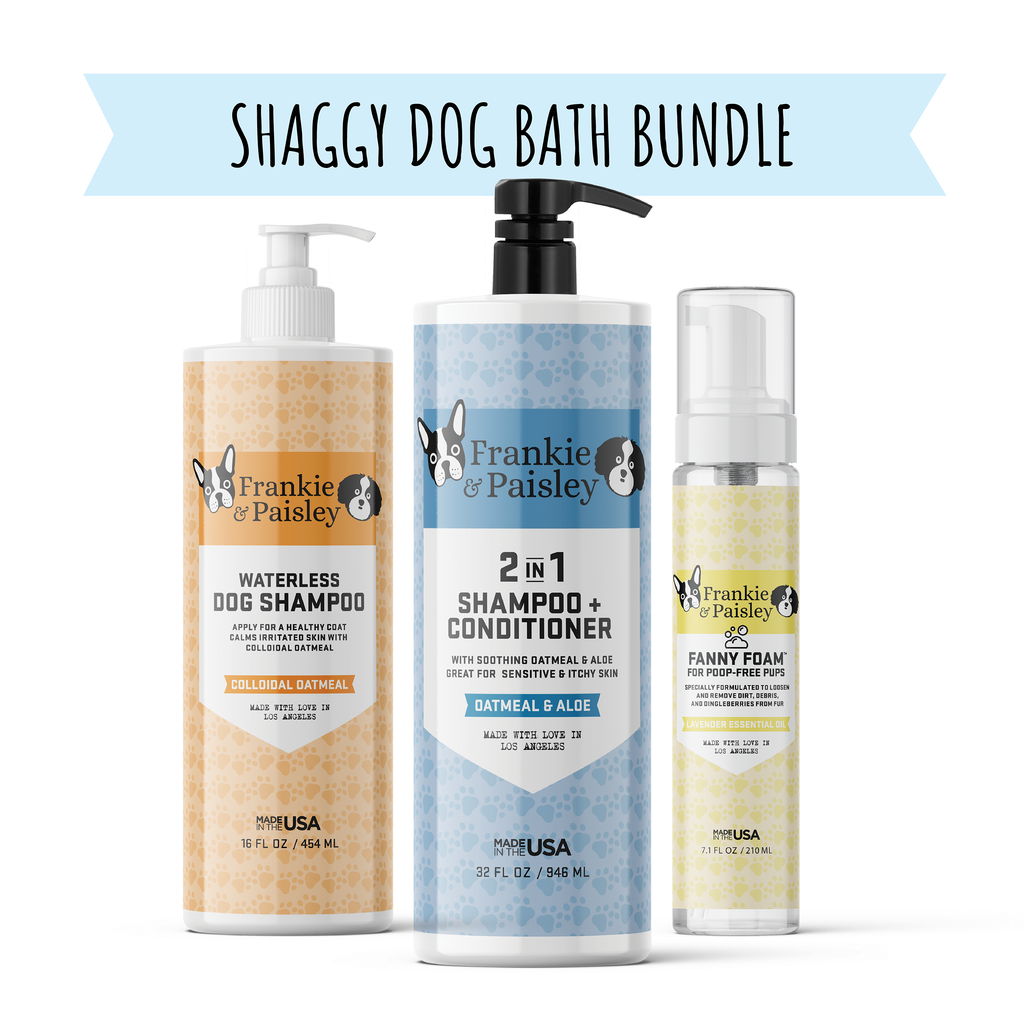 Shaggy Dog Bath Bundle - 2in1 Shampoo + Fanny Foam™ + Waterless Shampoo - Frankie & Paisley Pet Products